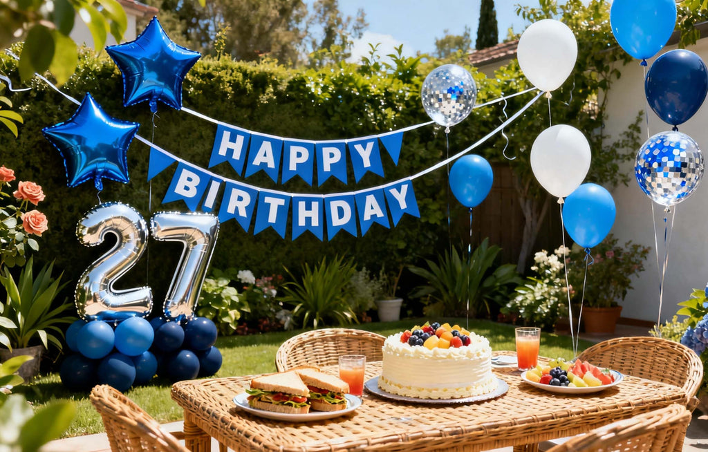 Blue 27th Birthday Decoration Set for Men – 31-Piece Banner, Foil & Latex Balloons