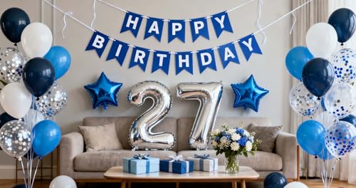 Blue 27th Birthday Decoration Set for Men – 31-Piece Banner, Foil & Latex Balloons