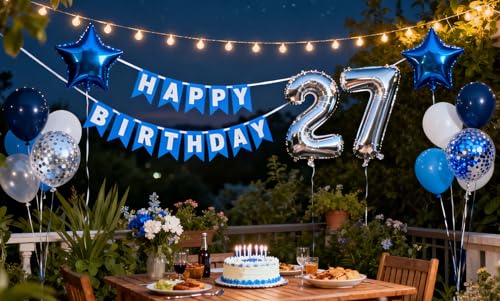 Blue 27th Birthday Decoration Set for Men – 31-Piece Banner, Foil & Latex Balloons