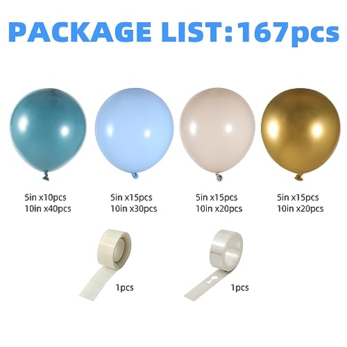 Blue Balloon Arch Kit – 165 Pieces Dusty Blue, Ocean Blue & Gold Balloons for Baby Shower or Birthday Party