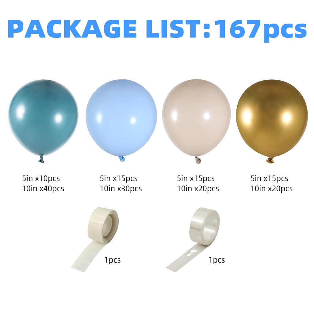 Blue Balloon Arch Kit – 165 Pieces Dusty Blue, Ocean Blue & Gold Balloons for Baby Shower or Birthday Party