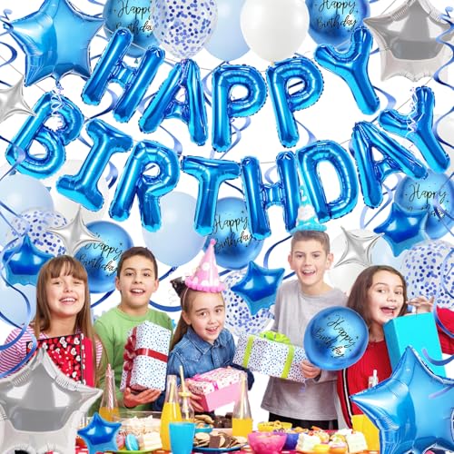 Blue Birthday Party Decorations Kit – Foil Banner, Star & Confetti Balloons, Hanging Swirls