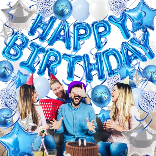 Blue Birthday Party Decorations Kit – Foil Banner, Star & Confetti Balloons, Hanging Swirls