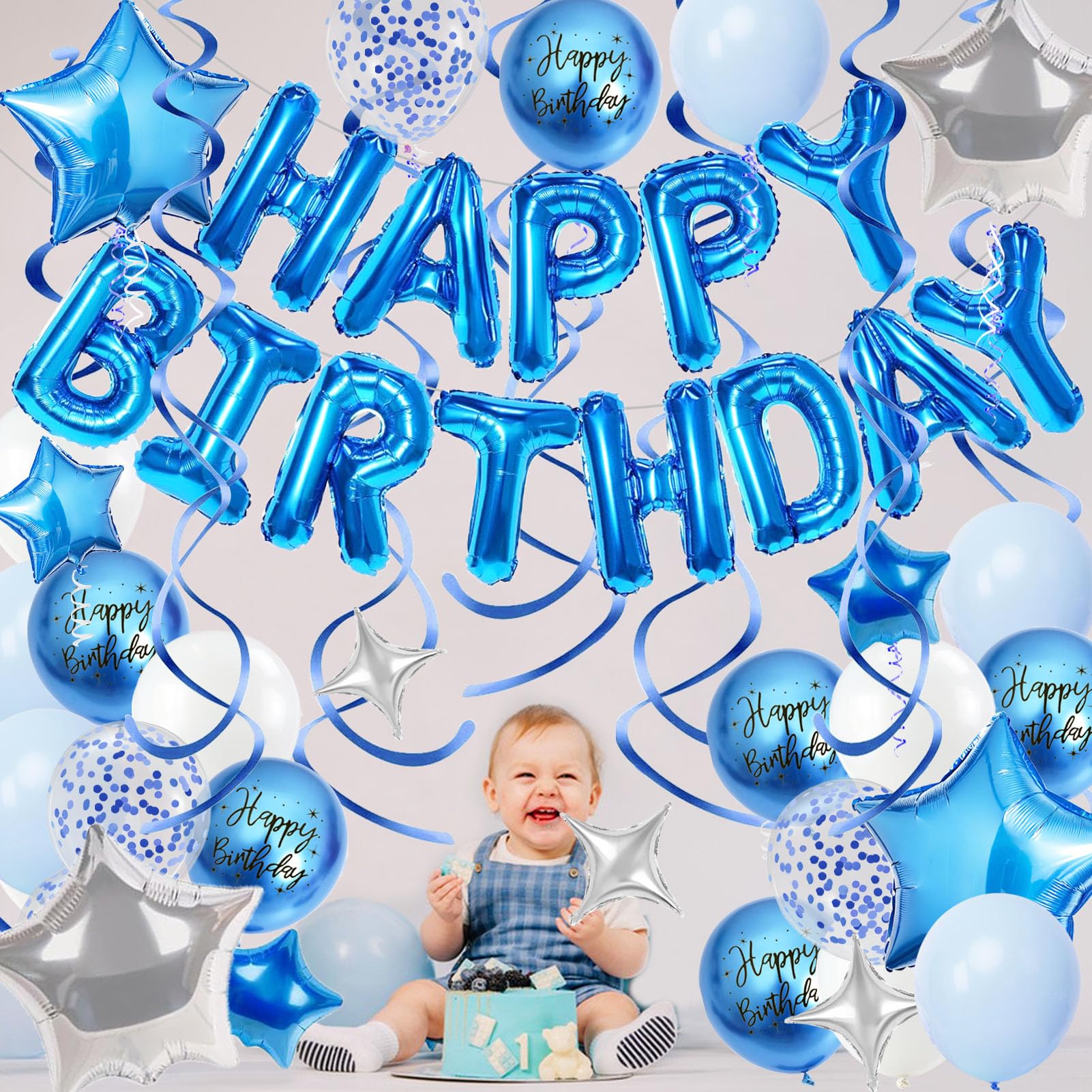 Blue Birthday Party Decorations Kit – Foil Banner, Star & Confetti Balloons, Hanging Swirls