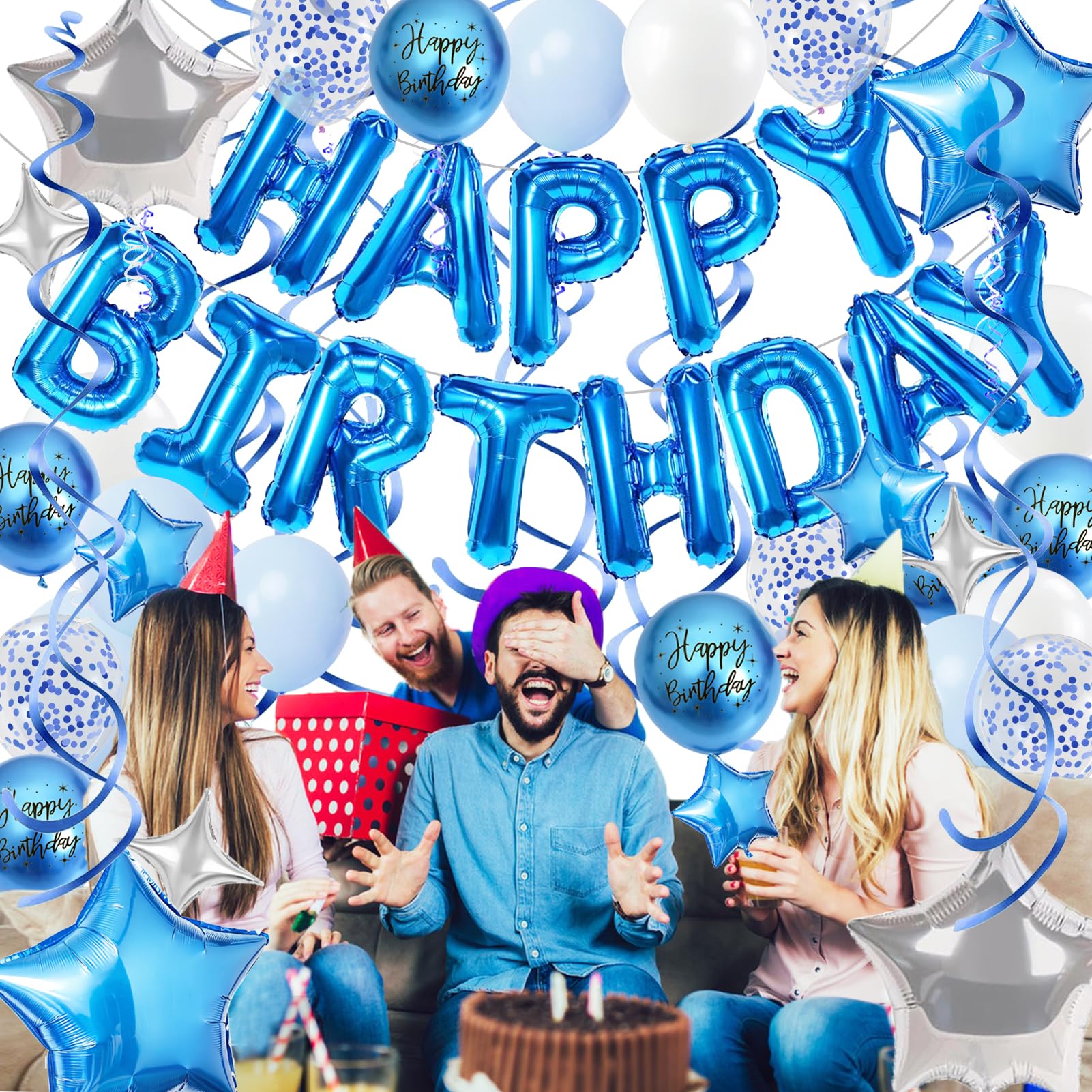 Blue Birthday Party Decorations Kit – Foil Banner, Star & Confetti Balloons, Hanging Swirls