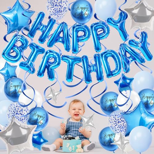 Blue Birthday Party Decorations Kit – Foil Banner, Star & Confetti Balloons, Hanging Swirls