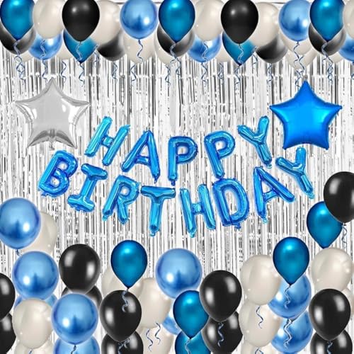 Blue & Black 49-Piece Birthday Party Decoration Kit for Men – Banner, Fringe Curtains, Balloons
