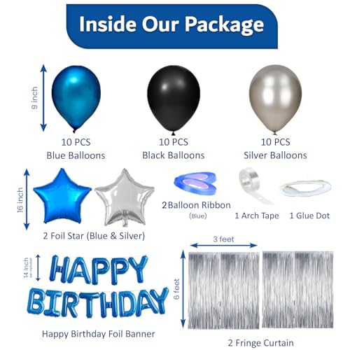 Blue & Black 49-Piece Birthday Party Decoration Kit for Men – Banner, Fringe Curtains, Balloons