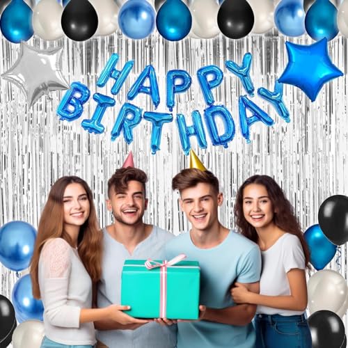 Blue & Black 49-Piece Birthday Party Decoration Kit for Men – Banner, Fringe Curtains, Balloons
