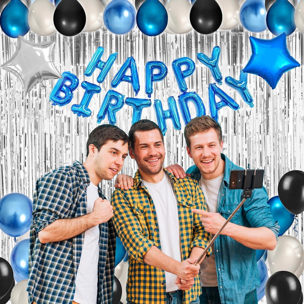Blue & Black 49-Piece Birthday Party Decoration Kit for Men – Banner, Fringe Curtains, Balloons
