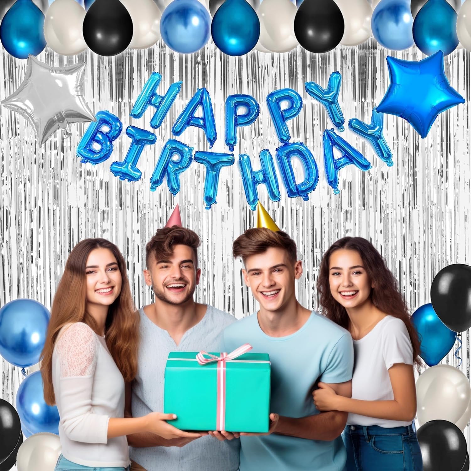 Blue & Black 49-Piece Birthday Party Decoration Kit for Men – Banner, Fringe Curtains, Balloons