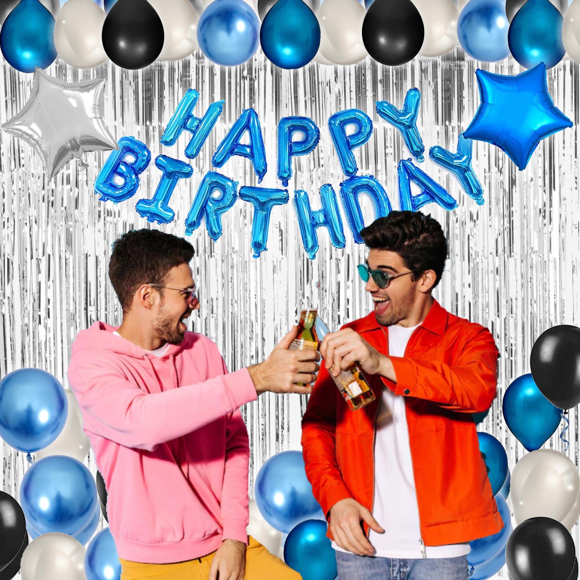 Blue & Black 49-Piece Birthday Party Decoration Kit for Men – Banner, Fringe Curtains, Balloons