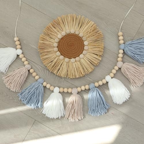 Blue Boho Tassel Garland with Wood Beads – Baby Boy Shower Decor, Handmade Cotton Yarn