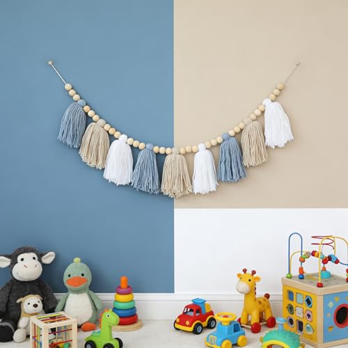 Blue Boho Tassel Garland with Wood Beads – Baby Boy Shower Decor, Handmade Cotton Yarn