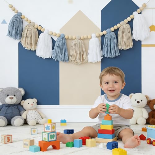 Blue Boho Tassel Garland with Wood Beads – Baby Boy Shower Decor, Handmade Cotton Yarn