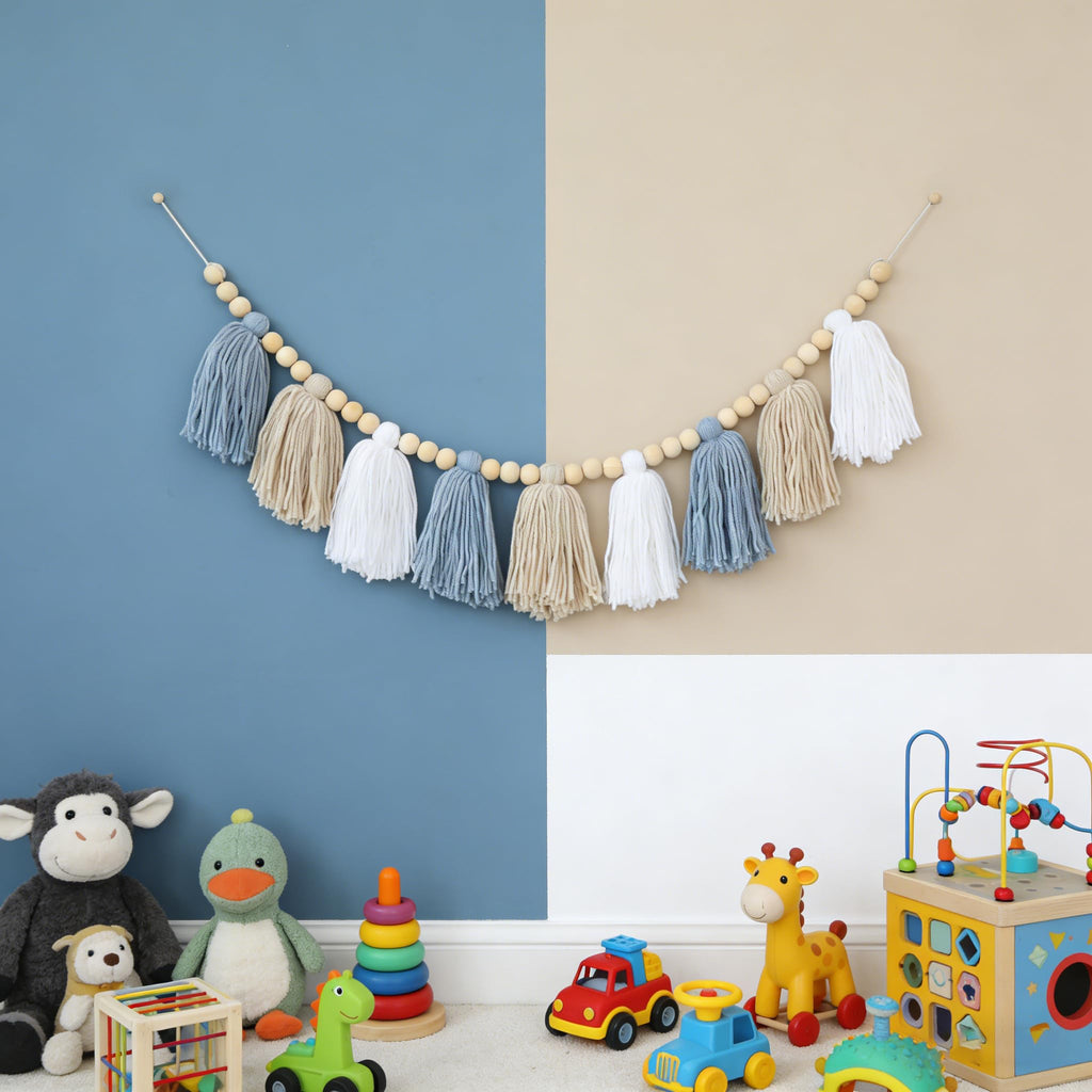 Blue Boho Tassel Garland with Wood Beads – Baby Boy Shower Decor, Handmade Cotton Yarn