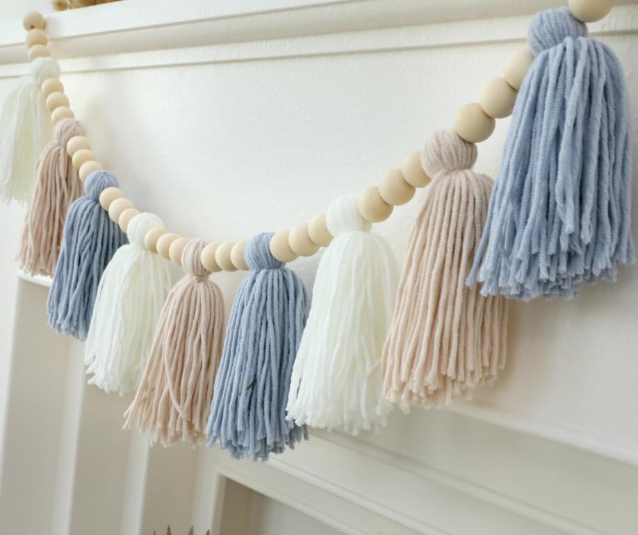 Blue Boho Tassel Garland with Wood Beads – Baby Boy Shower Decor, Handmade Cotton Yarn