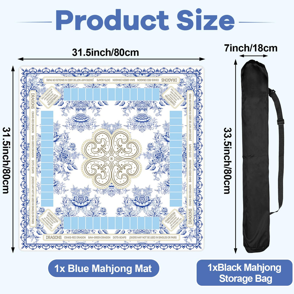 Blue Chinoiserie Mahjong Mat with Black Carrying Bag – 31.5x31.5 Inch Non-Slip Game Table Cover for Mahjong, Poker, Card & Dominoes