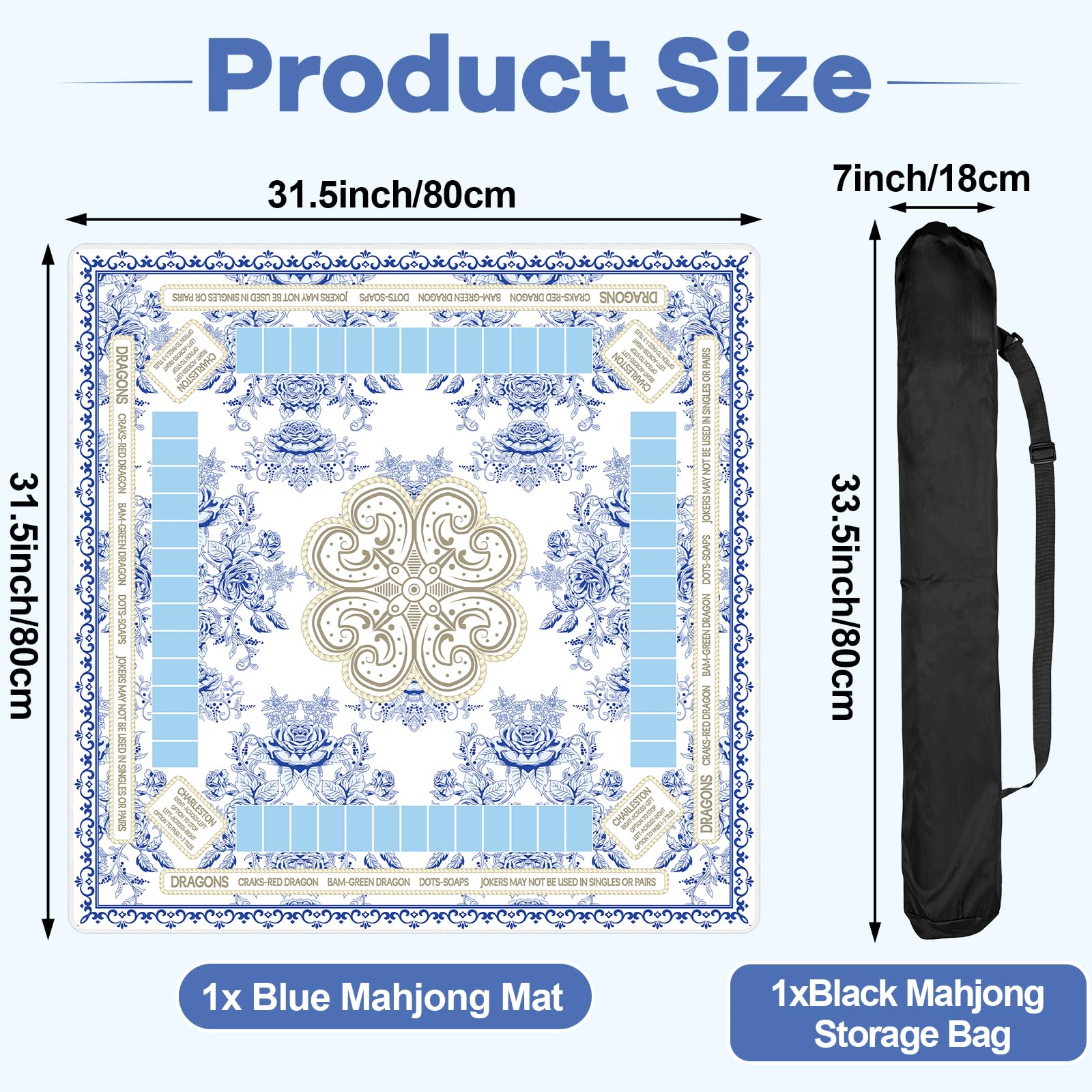 Blue Chinoiserie Mahjong Mat with Black Carrying Bag – 31.5x31.5 Inch Non-Slip Game Table Cover for Mahjong, Poker, Card & Dominoes