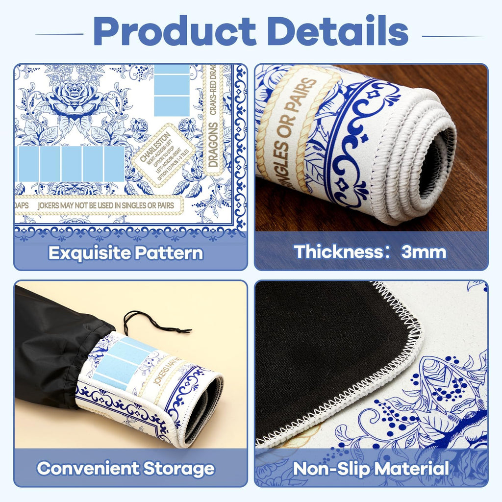 Blue Chinoiserie Mahjong Mat with Black Carrying Bag – 31.5x31.5 Inch Non-Slip Game Table Cover for Mahjong, Poker, Card & Dominoes