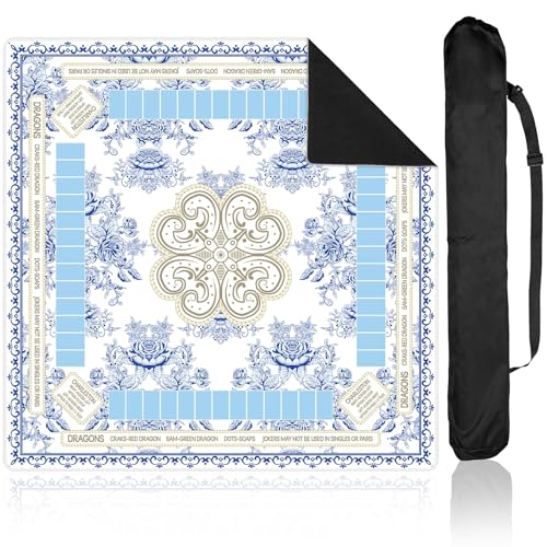 Blue Chinoiserie Mahjong Mat with Black Carrying Bag – 31.5x31.5 Inch Non-Slip Game Table Cover for Mahjong, Poker, Card & Dominoes