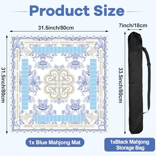 Blue Chinoiserie Mahjong Mat with Black Carrying Bag – 31.5x31.5 Inch Non-Slip Game Table Cover for Mahjong, Poker, Card & Dominoes