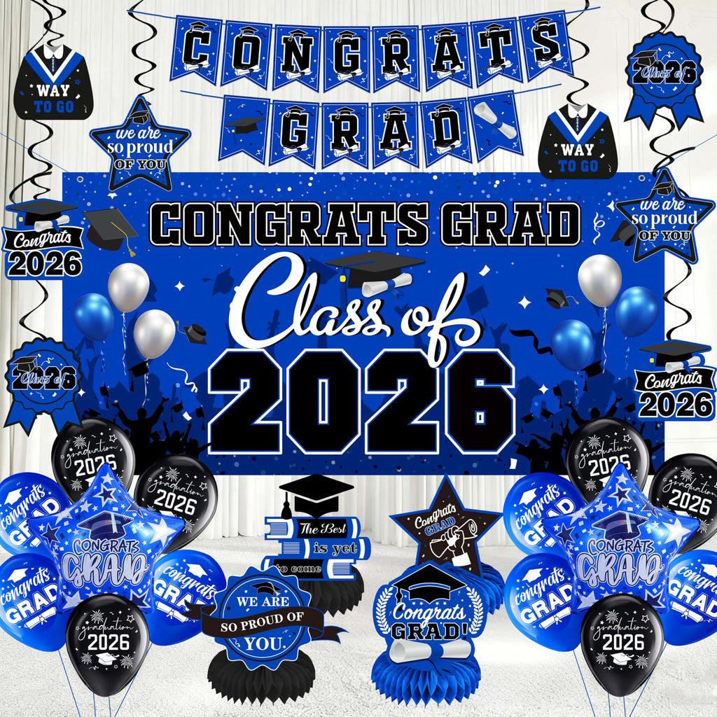 Blue Class of 2026 Graduation Decorations Kit - Backdrop, Swirls, Honeycomb Centerpieces & Balloons
