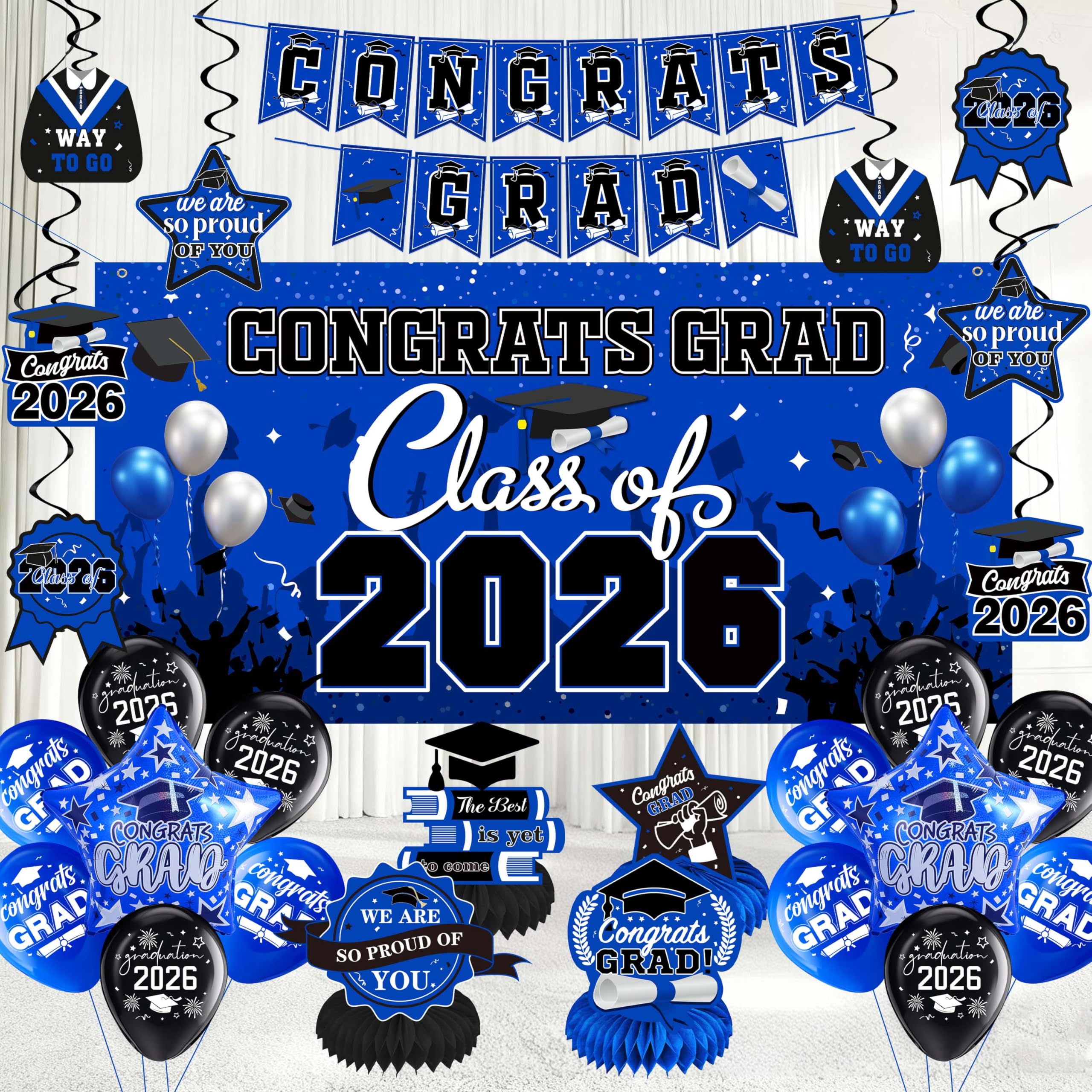 Blue Class of 2026 Graduation Decorations Kit - Backdrop, Swirls, Honeycomb Centerpieces & Balloons