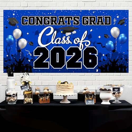 Blue Class of 2026 Graduation Decorations Kit - Backdrop, Swirls, Honeycomb Centerpieces & Balloons