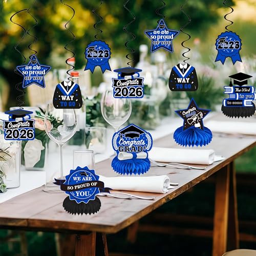 Blue Class of 2026 Graduation Decorations Kit - Backdrop, Swirls, Honeycomb Centerpieces & Balloons