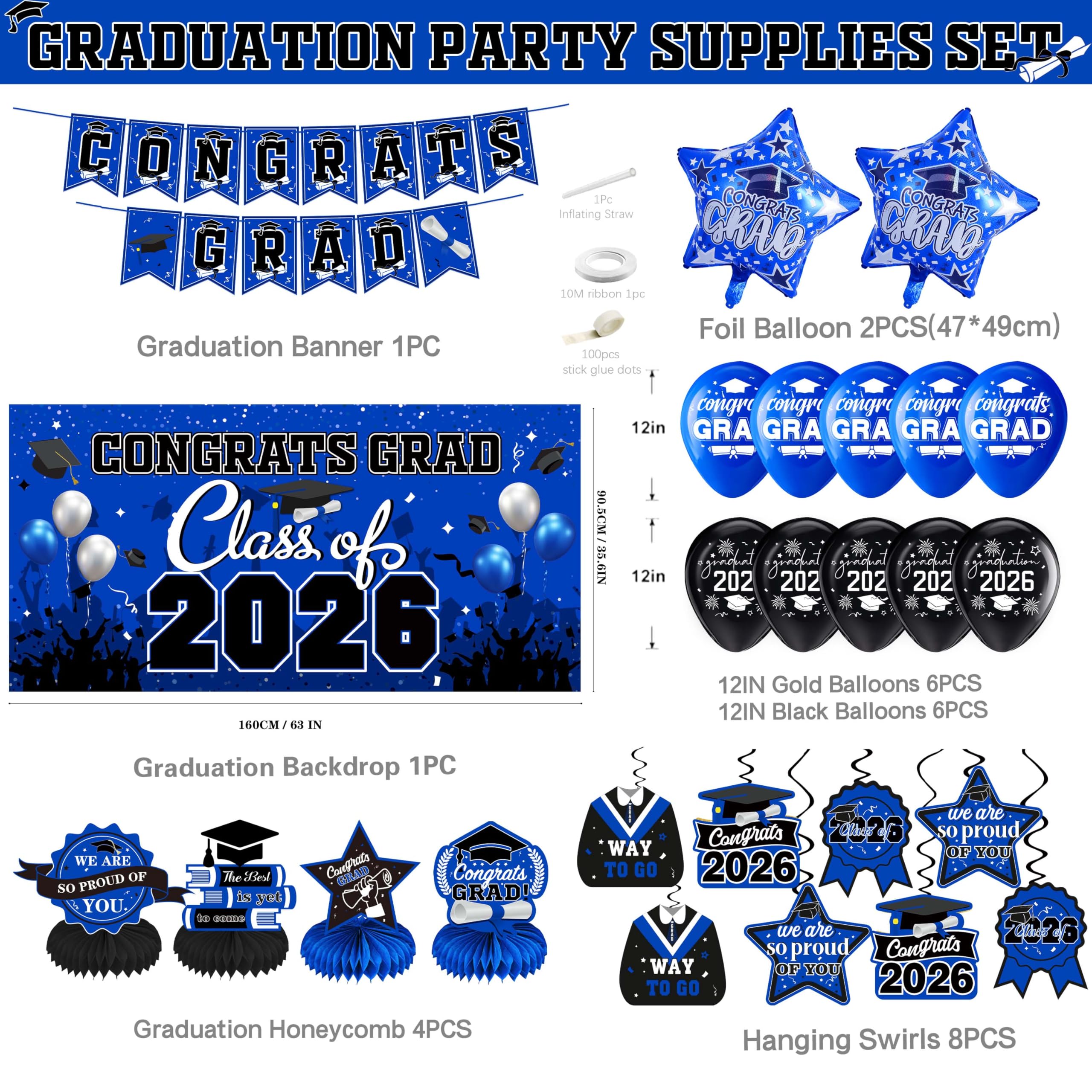 Blue Class of 2026 Graduation Decorations Kit - Backdrop, Swirls, Honeycomb Centerpieces & Balloons