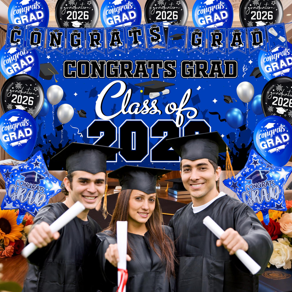 Blue Class of 2026 Graduation Decorations Kit - Backdrop, Swirls, Honeycomb Centerpieces & Balloons