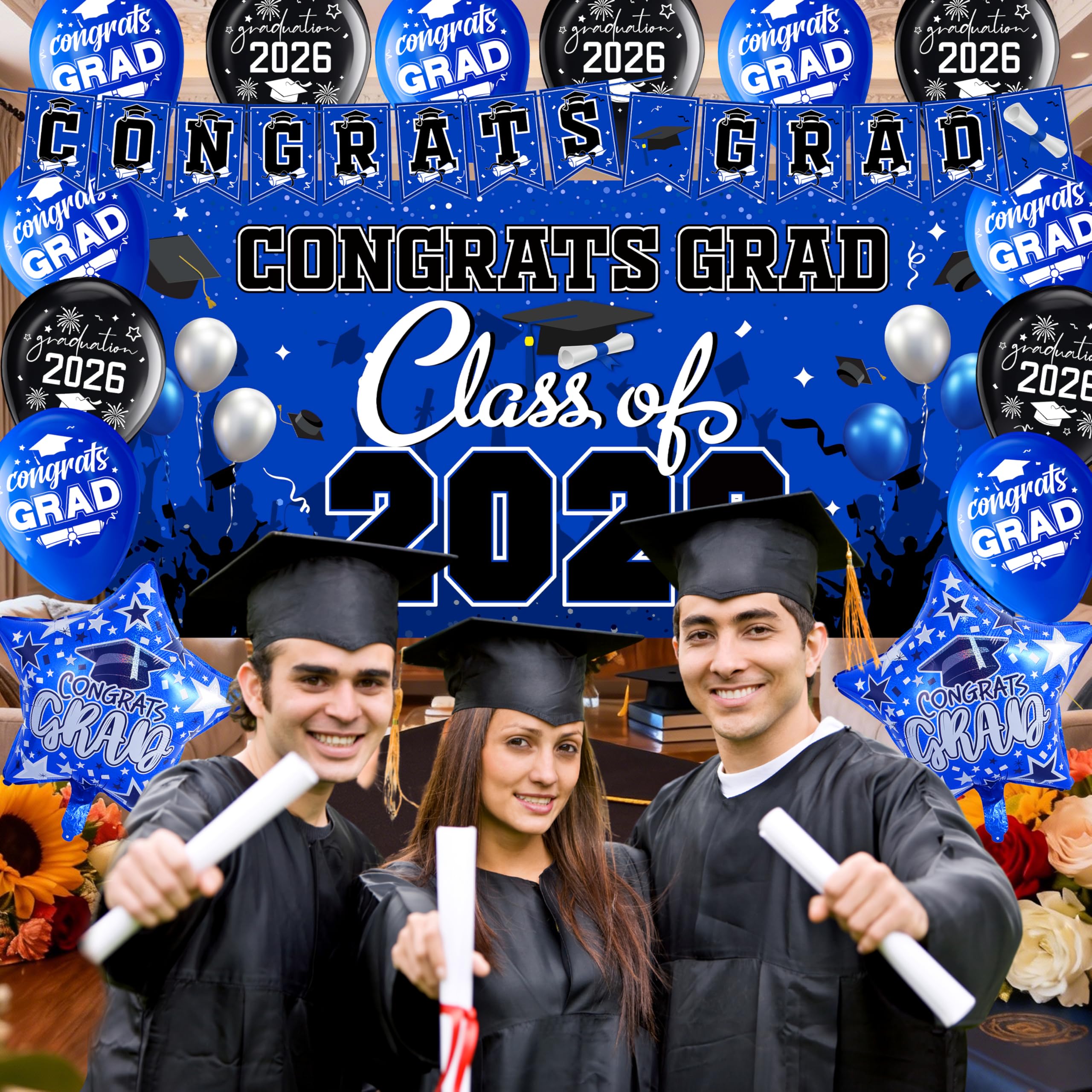 Blue Class of 2026 Graduation Decorations Kit - Backdrop, Swirls, Honeycomb Centerpieces & Balloons