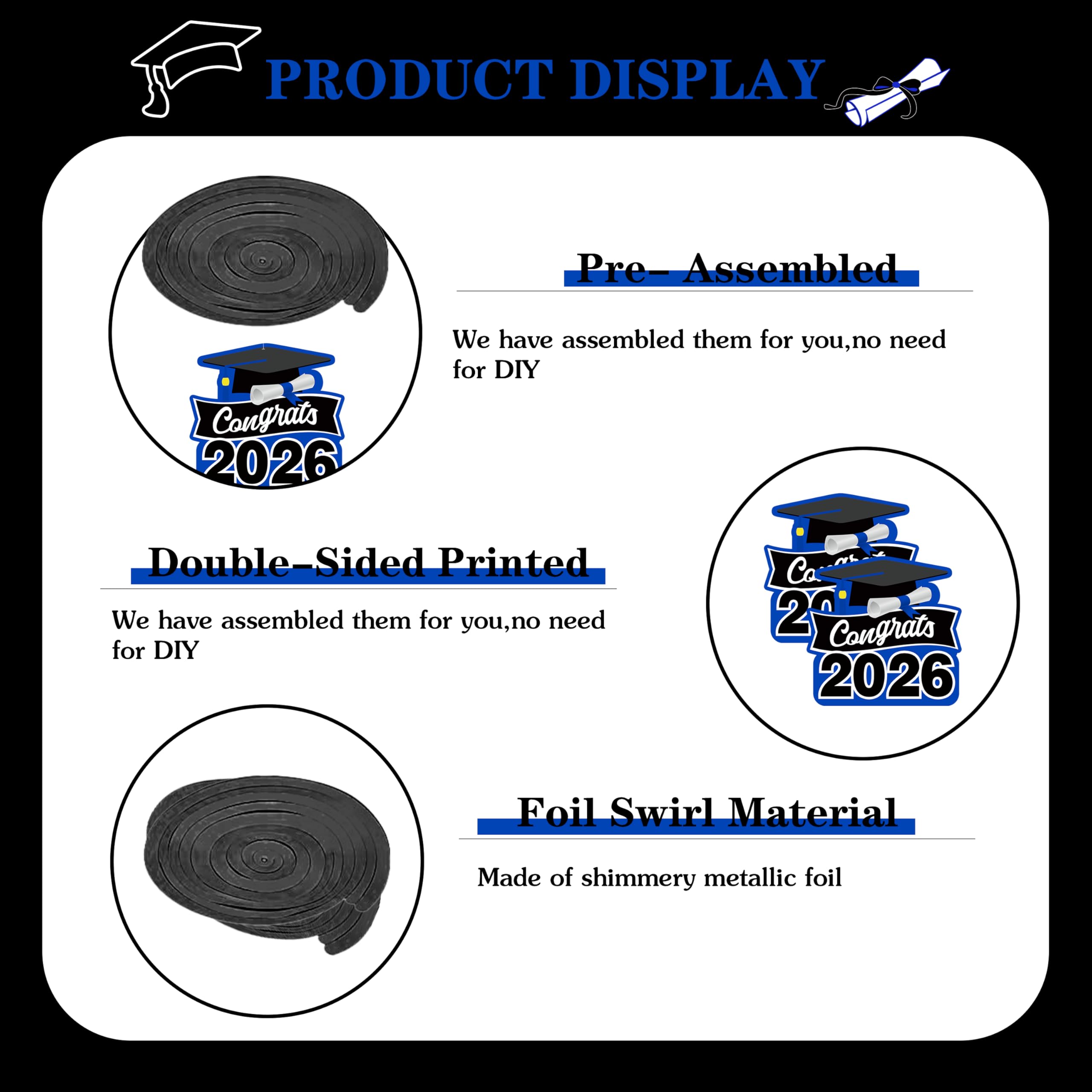 Blue Class of 2026 Graduation Decorations Kit - Backdrop, Swirls, Honeycomb Centerpieces & Balloons