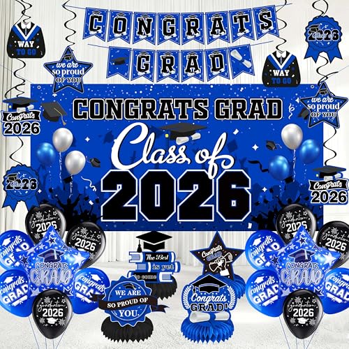 Blue Class of 2026 Graduation Decorations Kit - Backdrop, Swirls, Honeycomb Centerpieces & Balloons