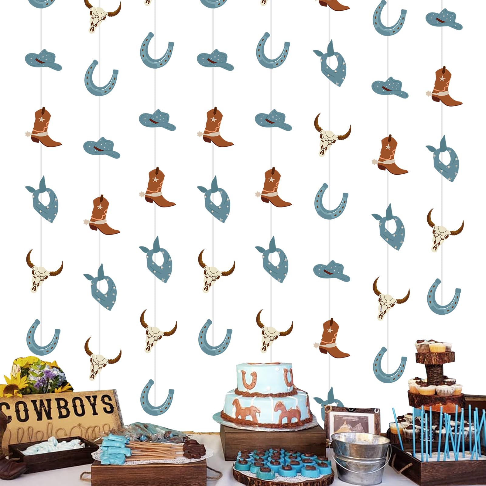 Blue Cowboy Garland 8-Pack 6.56ft Each – Western Cow Print Party Decorations for First Birthday Baby Shower Wild West Theme