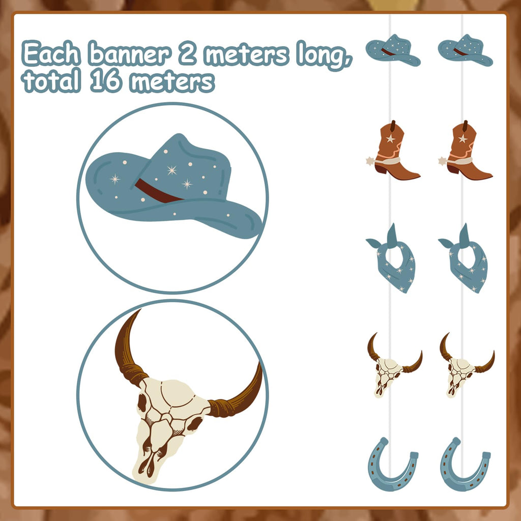Blue Cowboy Garland 8-Pack 6.56ft Each – Western Cow Print Party Decorations for First Birthday Baby Shower Wild West Theme