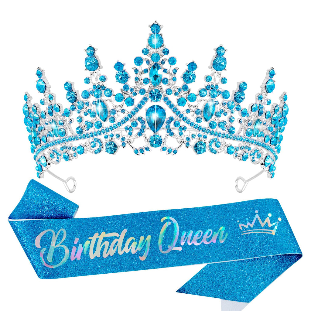Blue Crystal Tiara and Sash Set for Birthday Queen - VELSCRUN Crown for Women
