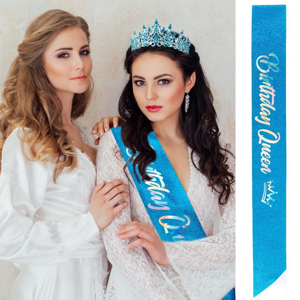 Blue Crystal Tiara and Sash Set for Birthday Queen - VELSCRUN Crown for Women