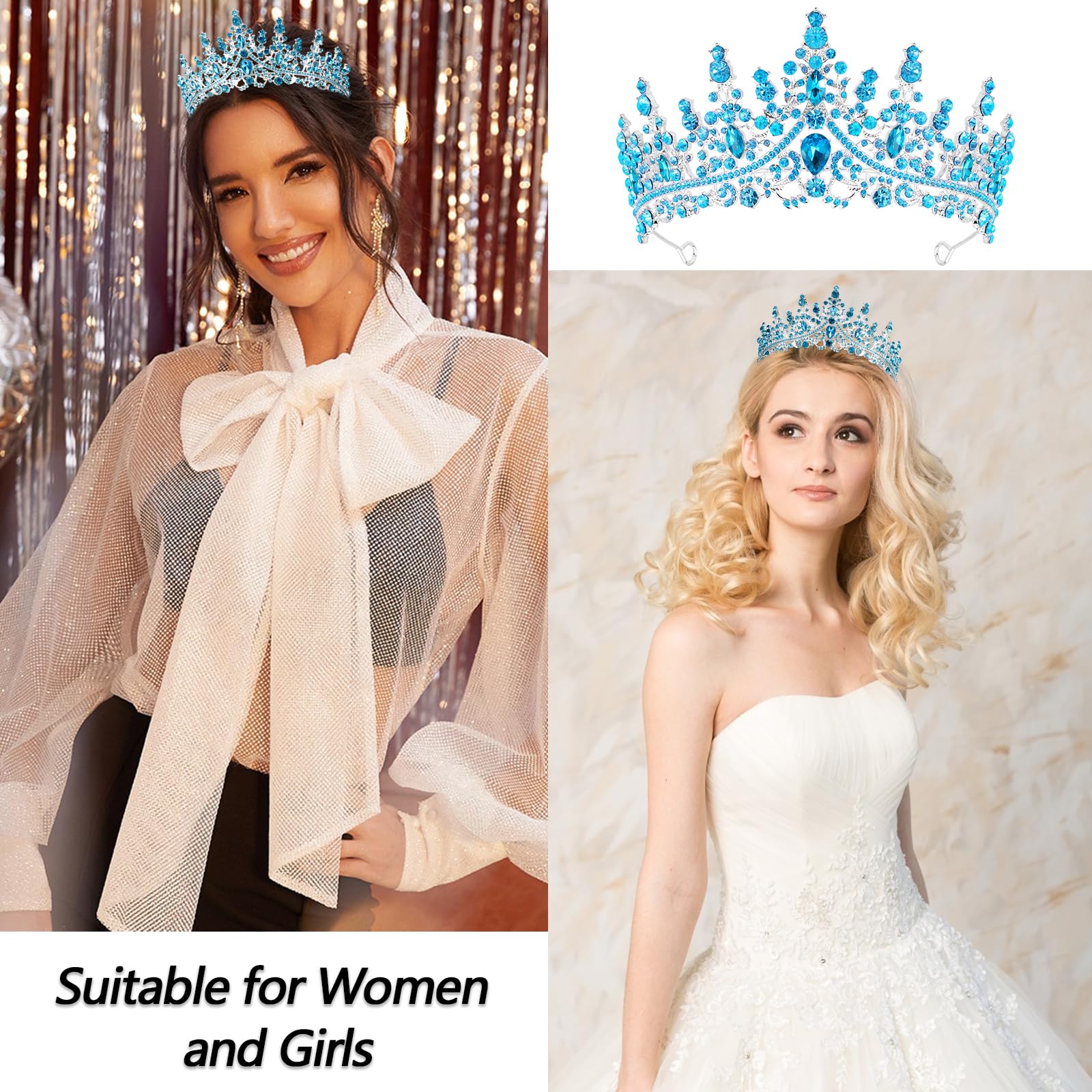Blue Crystal Tiara and Sash Set for Birthday Queen - VELSCRUN Crown for Women