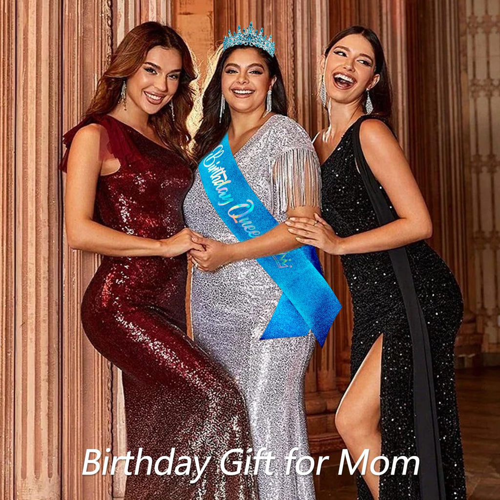 Blue Crystal Tiara and Sash Set for Birthday Queen - VELSCRUN Crown for Women