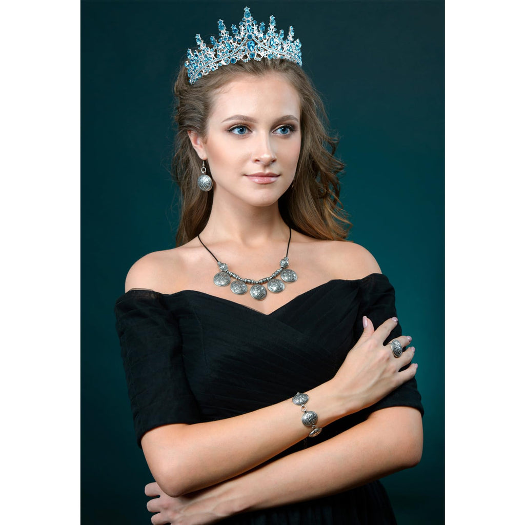 Blue Crystal Tiara and Sash Set for Birthday Queen - VELSCRUN Crown for Women