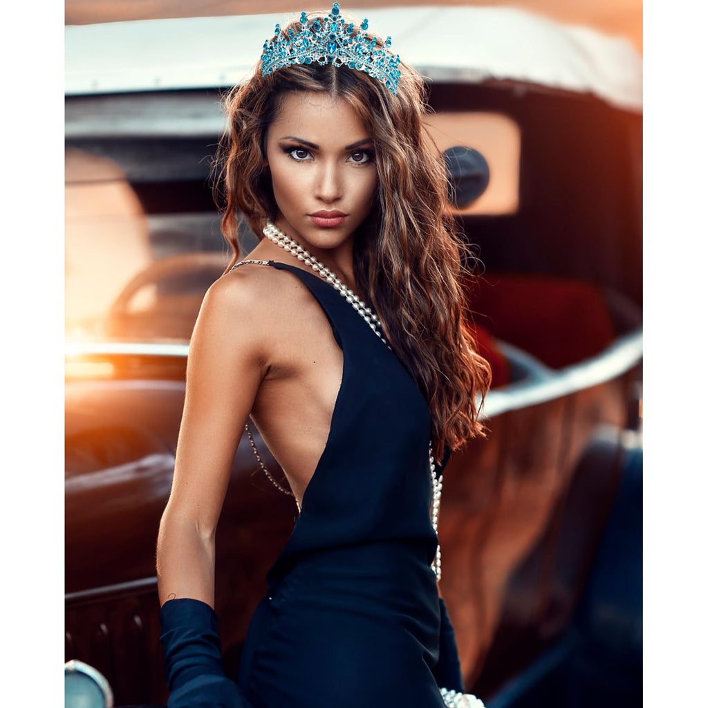 Blue Crystal Tiara and Sash Set for Birthday Queen - VELSCRUN Crown for Women