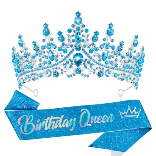 Blue Crystal Tiara and Sash Set for Birthday Queen - VELSCRUN Crown for Women