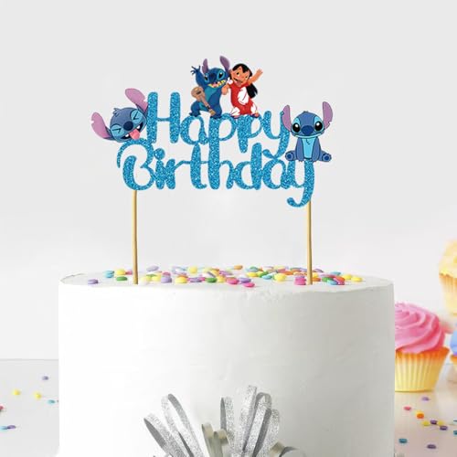 Blue Glitter Happy Birthday Cake Topper – Cute Cartoon Party Decoration for Boys & Girls