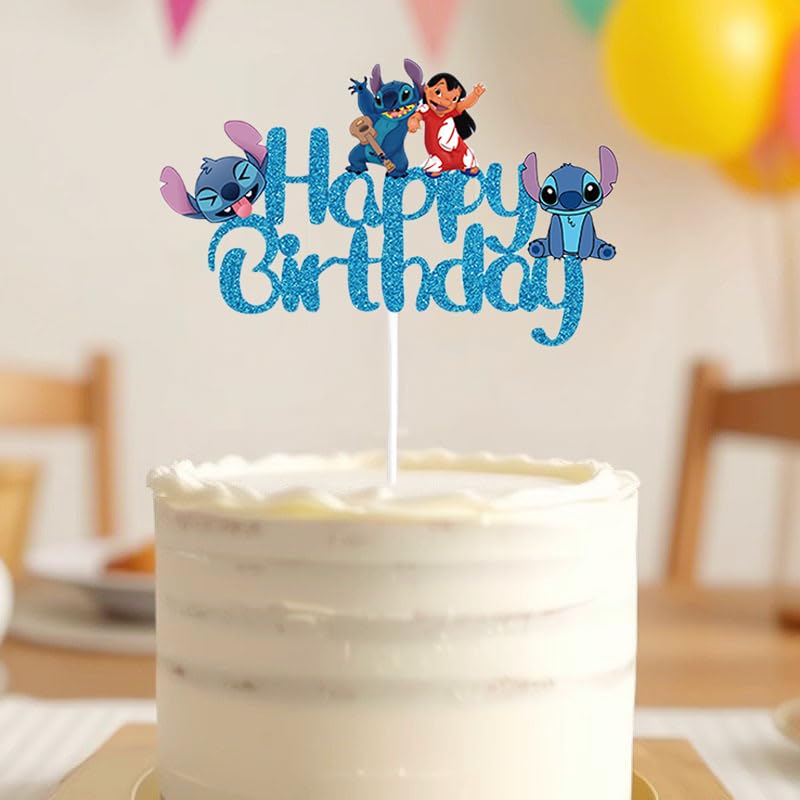 Blue Glitter Happy Birthday Cake Topper – Cute Cartoon Party Decoration for Boys & Girls