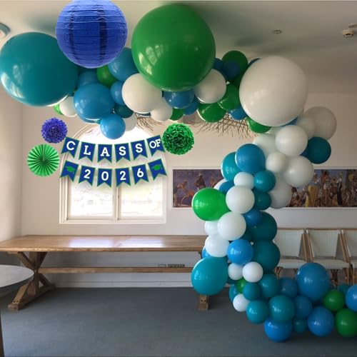 Blue Green Graduation Party Decorations Set with Banner, Pom Poms, Lanterns - Class of 2026
