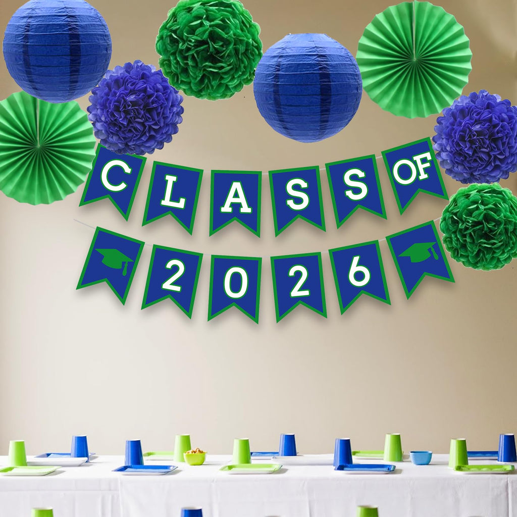Blue Green Graduation Party Decorations Set with Banner, Pom Poms, Lanterns - Class of 2026