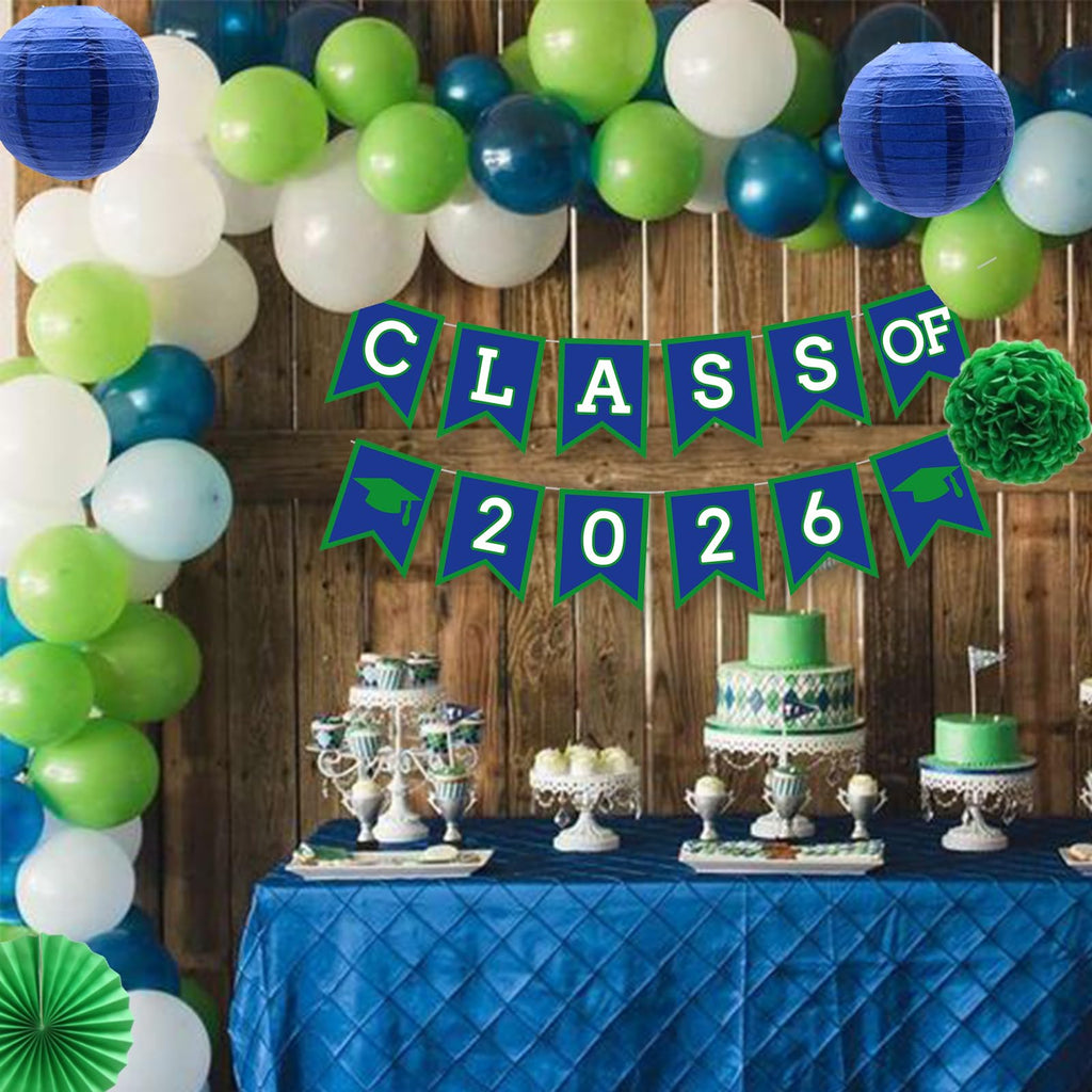 Blue Green Graduation Party Decorations Set with Banner, Pom Poms, Lanterns - Class of 2026