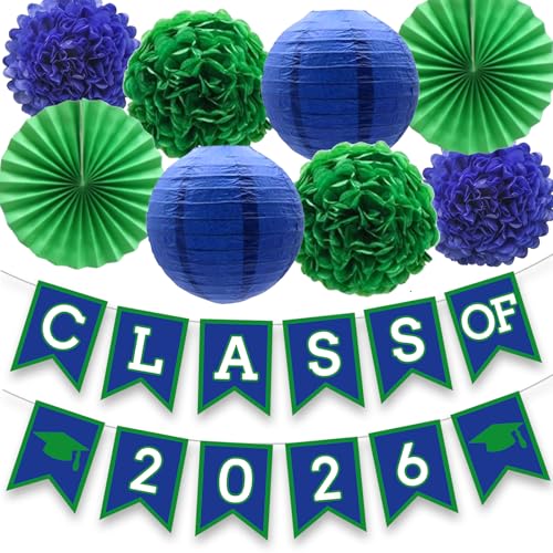 Blue Green Graduation Party Decorations Set with Banner, Pom Poms, Lanterns - Class of 2026